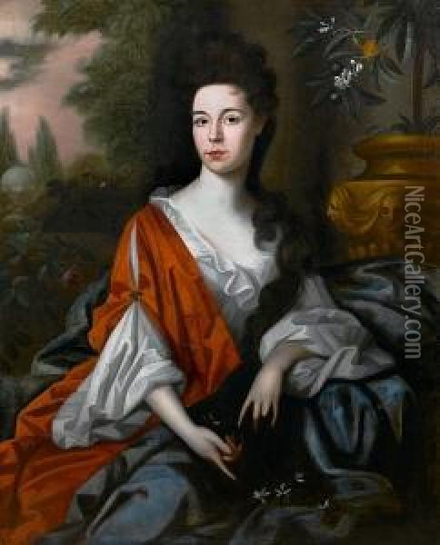 Portrait Of A Lady, Said To Be Miss Parkyns, Three-quarter-length, In A Red Dress With A Blue Wrap, Seated Beside An Urn With An Orange Tree, A Park Landscape Beyond Oil Painting - Maria Verelst