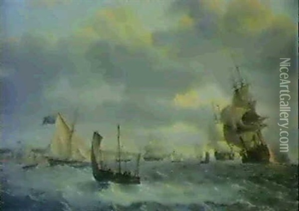 Men O' War And Other Shipping In A Breeze Off Dover Oil Painting - Thomas Luny