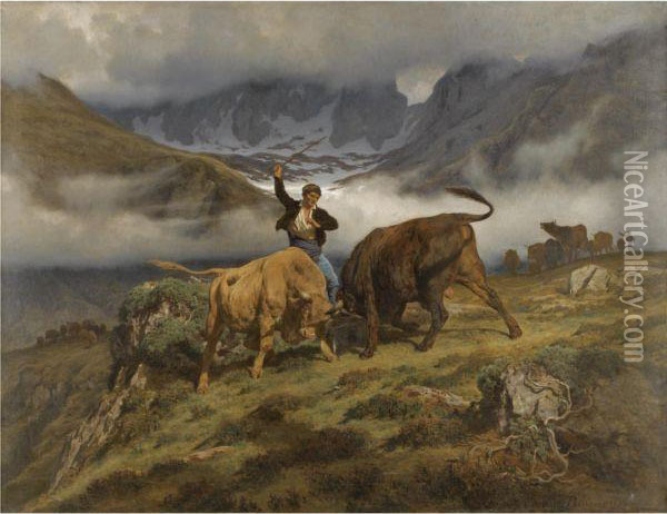Le Combat, Souvenir Des Pyrenees Oil Painting - Auguste Bonheur