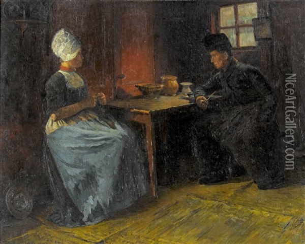 Hollandisches Interieur Mit Mann Und Frau Am Tisch Oil Painting - Jules Benoit-Levy