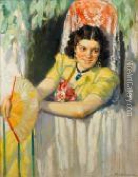 Spanish Girl With A Fan Oil Painting - Philippe Swyncop