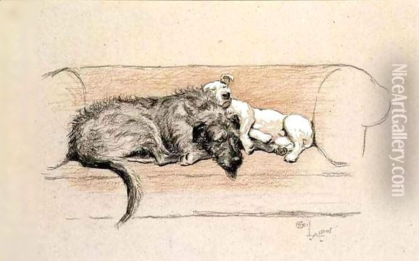 Wolfhound and Bull Terrier Asleep on a Sofa Oil Painting - Cecil Charles Aldin