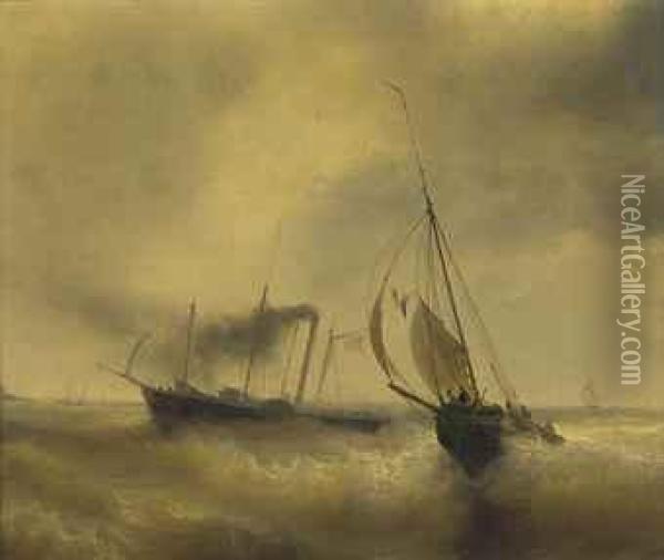 A Paddle Steamer Passing A French Fishing Vessel In Roughwaters Oil Painting - Jean Antoine Theodore Baron Gudin