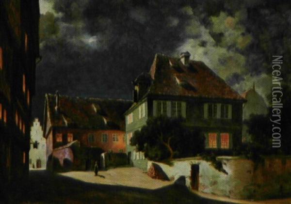 Norsk Gadeparti Med Huse Og Personer Ved Aftentide (fra Bergen?) Oil Painting - Jens Waldemar Wang