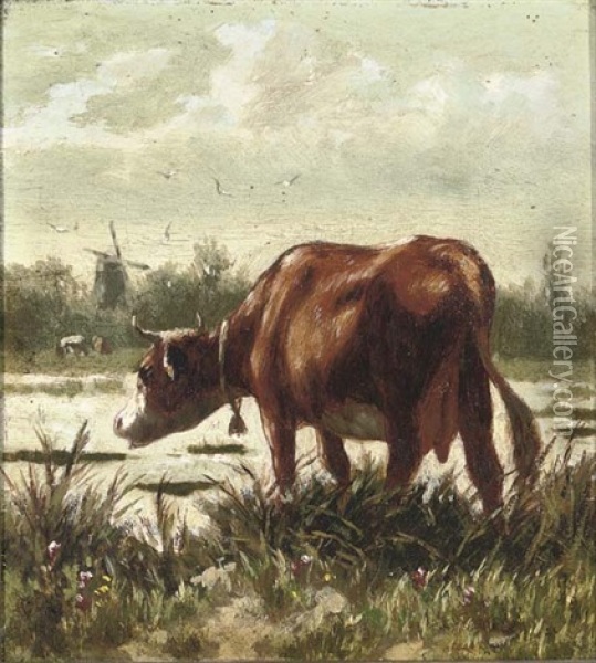 A Cow By The Water's Edge (+ A Cow In A Landscape; Pair) Oil Painting - William Frederick Hulk