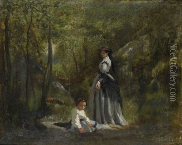 Femme Et Son Enfant Dans Un Sous Bois Oil Painting - Augustin Pierre Bienvenue Chenu