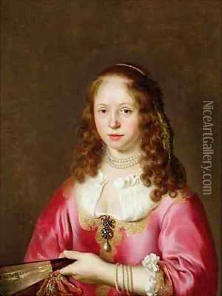 Portrait of a Girl in a Pink Dress Holding a Fan Oil Painting - Govert Teunisz. Flinck