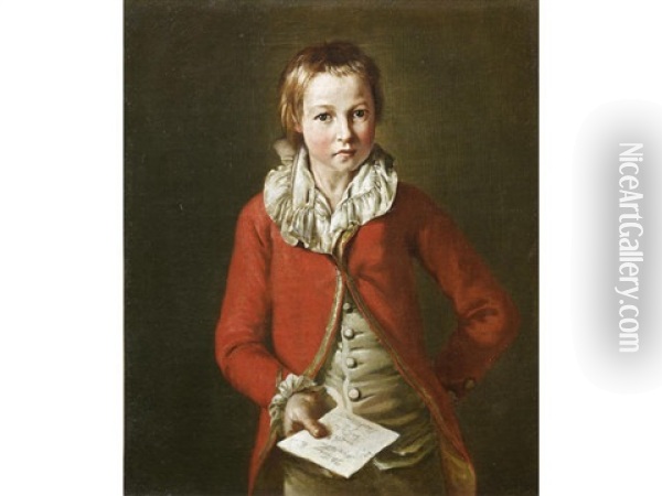 Portrait Of A Boy, Three-quarter-length, In A Red Coat, Holding A Letter (+ And Portrait Of A Young Girl, Three-quarter-length, In A Gold Dress With A Blue Sash, Holding A Box With A Small Letter; Pair) Oil Painting - Wybrand Hendriks
