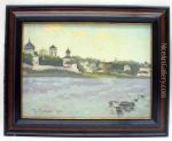 Riverscape With View Of Town Oil Painting - Konstantin Ivanovich Gorbatov
