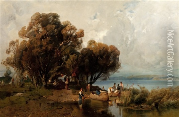 Fisherman's Hut At The Lake Balaton Oil Painting - Geza Meszoely