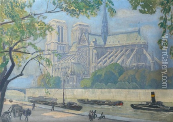 Vue De Notre Dame Oil Painting - Jules Leon Flandrin