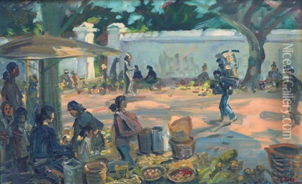 An Javanese Street Scene With Stalls Near A Gate Oil Painting - Carel Lodewijk Dake the Younger