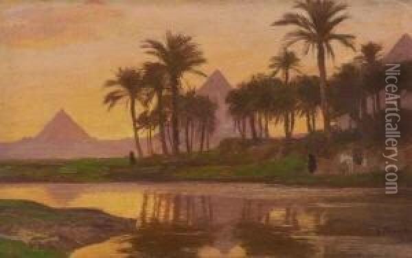 Blick Auf Die Pyramiden Von
 Gizeh. Oil Painting - Georg Macco