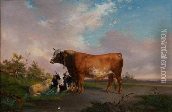 Taureau, Vache Et Mouton Oil Painting - Victor Herment
