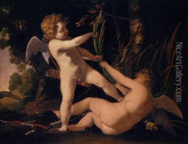Two Winged Putti Desporting In A Landscape Oil Painting - Laurent de (LaHyre) LaHire