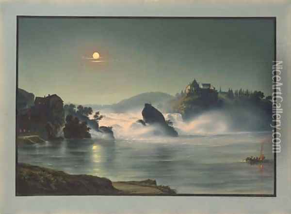 The Falls at Schauffhausen at night, the Castle of Laufen in the background Oil Painting - Ludwig Bleuler