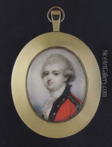 Portrait Of An Officer With Powdered Hair En Queue, Wearing Scarlet Coat With Black Facings, Silver Buttons And Epaulette... Oil Painting - Richard Cosway