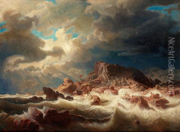 Stormy Sea With Ship Wreck Oil Painting - Marcus Larson