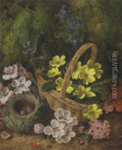 Primroses, Primulas, Apple Blossom With A Bird's Nest And Eggs And A Wicker Basket, On A Mossy Bank Oil Painting - George Clare