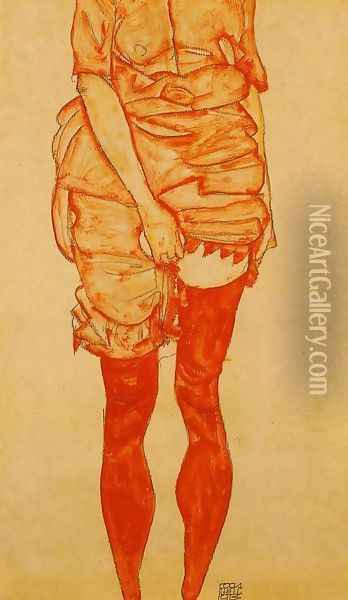 Standing Woman In Red Oil Painting - Egon Schiele