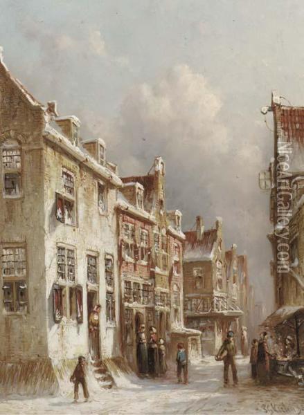Roasting Chestnuts: A Dutch Town In Winter Oil Painting - Pieter Gerard Vertin