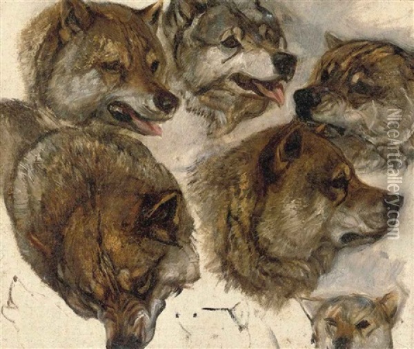 Huskies Heads (study) (+ Another; 2 Works) Oil Painting - George Bouverie Goddard