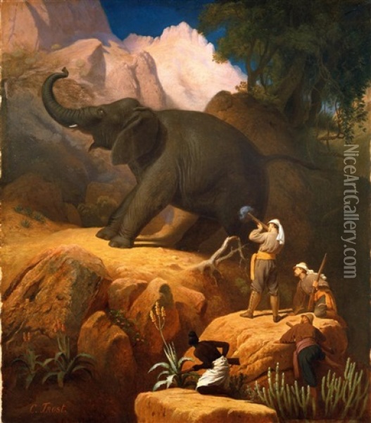 Le Duc Ernst Ii Von Sachsen-coburg-gotha Chassant Les Elephants Dans La Vallee De Ras Dashein En Ethiopie Oil Painting - Carl Trost