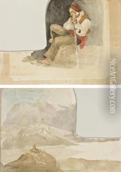 Un Vieil Homme Assis Appuye Sur Un Baton (recto); Paysagemontagneux (verso) Oil Painting - Eugene Delacroix