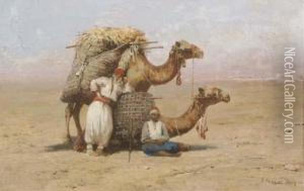 Two Arabs Resting With Their Camels Oil Painting - Pasquale Ruggiero