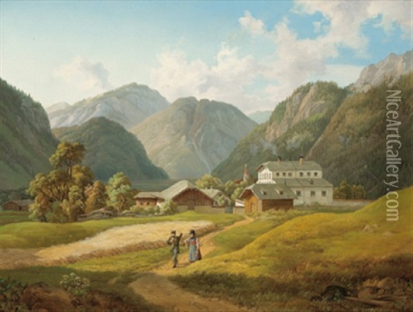 Der Grubhof In Lofer, Im Hintergrund Die Martinskirche Oil Painting - Michael Lueger