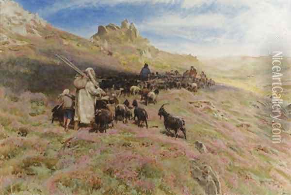 A shepherd with a flock of goats on a mountainside Oil Painting - Albert Goodwin