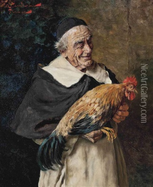 A Monk Holding A Cockerel Oil Painting - Arnaldo Tamburini