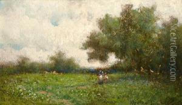 Cloud Shadows; In The Meadow; Meadow Flowers;landscape With Figures Oil Painting - Milne Ramsey