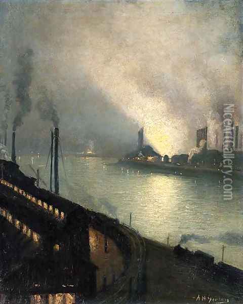 Factories at Night 2 Oil Painting - Aaron Harry Gorson