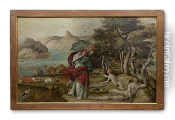 Gottvater Mit Adam Und Eva Im Paradies (eva Aus Der Rippe Adams Holend) Oil Painting - Herri met de Bles