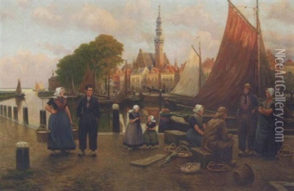 Fisherfolk On A Town Quay In Veere Oil Painting - Henri Houben