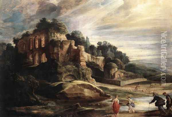 Landscape with the Ruins of Mount Palatine in Rome c. 1608 Oil Painting - Peter Paul Rubens