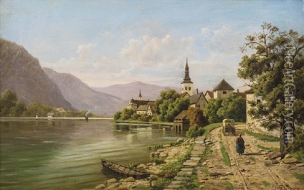 Dorf An Einem Alpensee Mit Figurenstaffage Oil Painting - Fritz Chwala