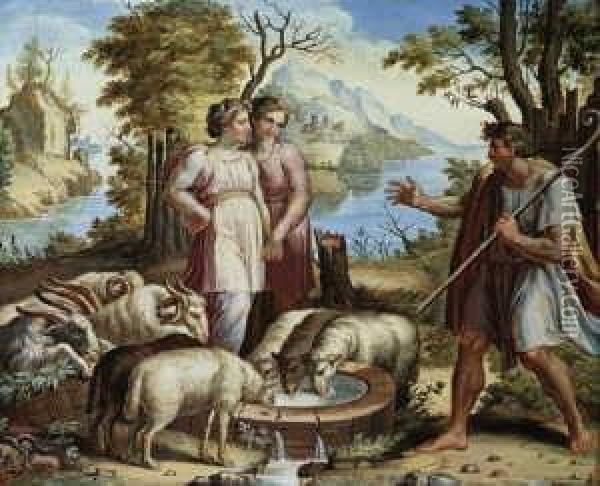 Jacob Und Rahel Am Brunnen. Im Hintergrund Weite Fluslandschaft. Oil Painting - Joseph Anton Koch
