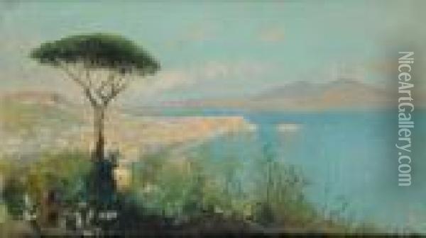 Veduta Di Napoli Conil Vesuvio Oil Painting - Oscar Ricciardi