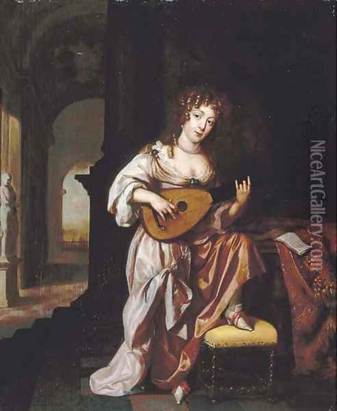 An elegant lady playing the lute, seated by a draped table, a terrace beyond Oil Painting - Regnier de La Haye