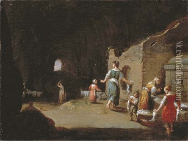Peasant Women And Children Washing By A Fountain In A Cave Oil Painting - Bartholomeus Breenbergh