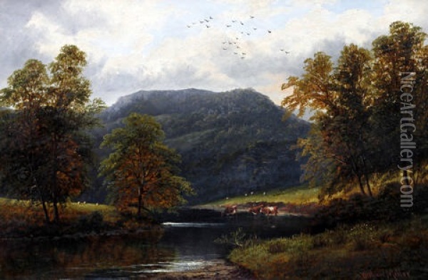 View Of A Welsh River Valley (+ Untitled (cattle Watering); Pair) Oil Painting - William Mellor