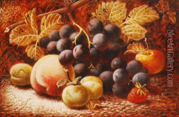 Black, White Grapes, Plums And Peaches On A Mossy Bank Oil Painting - Oliver Clare