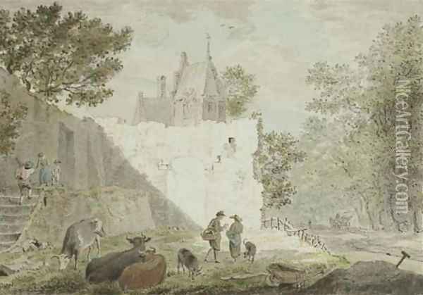 Peasants with cattle among ruins, a road to the right Oil Painting - Cornelius van Noorde