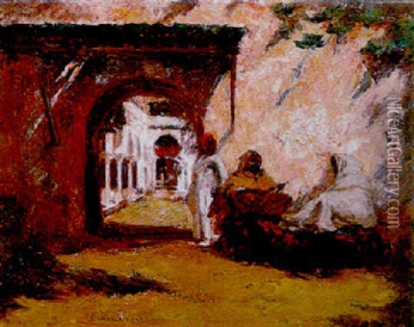 Les Musiciens Marocains Devant La Porte Du Palais Oil Painting - Charles Henri Gaston Dagnac-Riviere