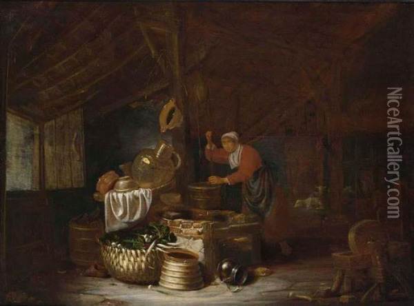 An Interior Of A Barn With A 
Maid Drawing Water From A Well, Near A Still Life Of A Copper Bowl, 
Earthenware Pots, A Barrel And Onions And Parsnips In A Basket, Sheep 
Beyond Oil Painting - Dirck Wyntrack