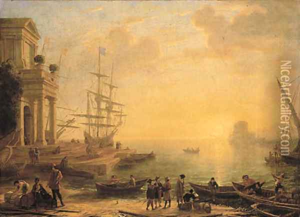 A capriccio of an Italianate harbour at sunset, with merchants, fishermen and stevedores on the shore in the foreground, men-o'-war at a quay beyond Oil Painting - Claude Lorrain (Gellee)