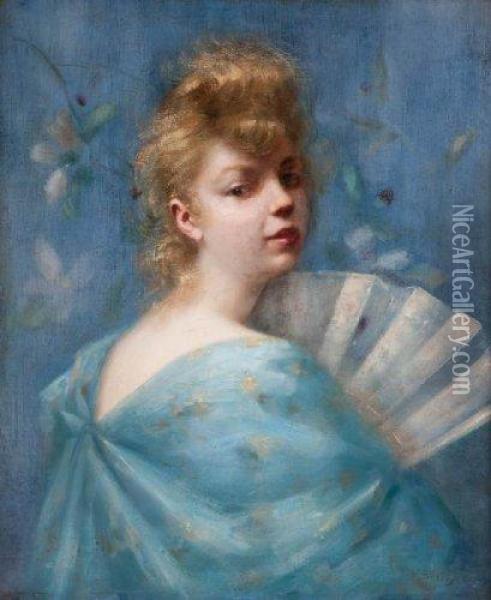 Portrait De Jeune Femme A L'eventail Oil Painting - Henri Benard