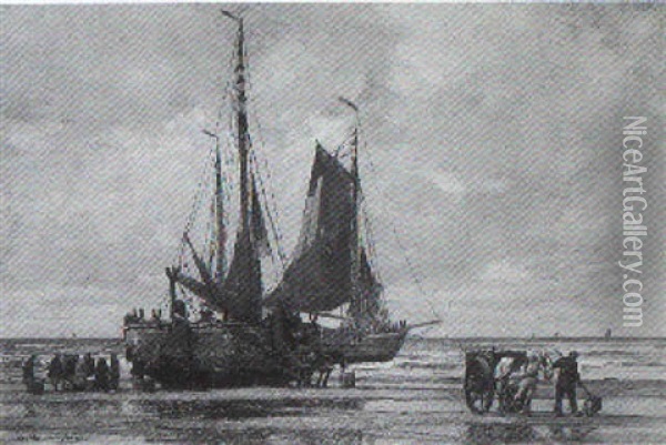 Fischerboote Und Pferdekarren Am Strand Oil Painting - Wilhelm Hambuechen